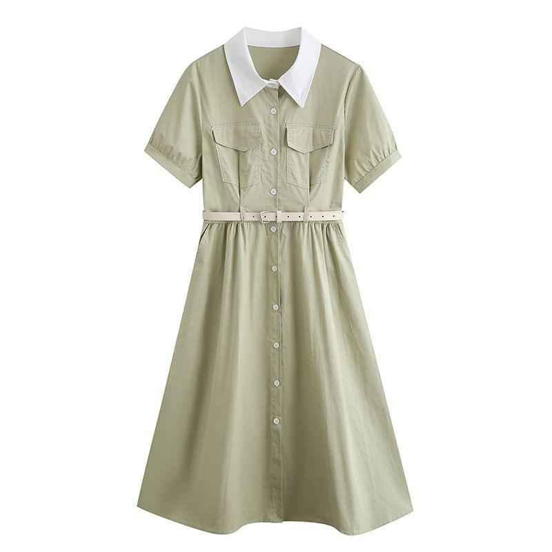 Short-Sleeve Collared Plain Midi A-Line Dress Product Image