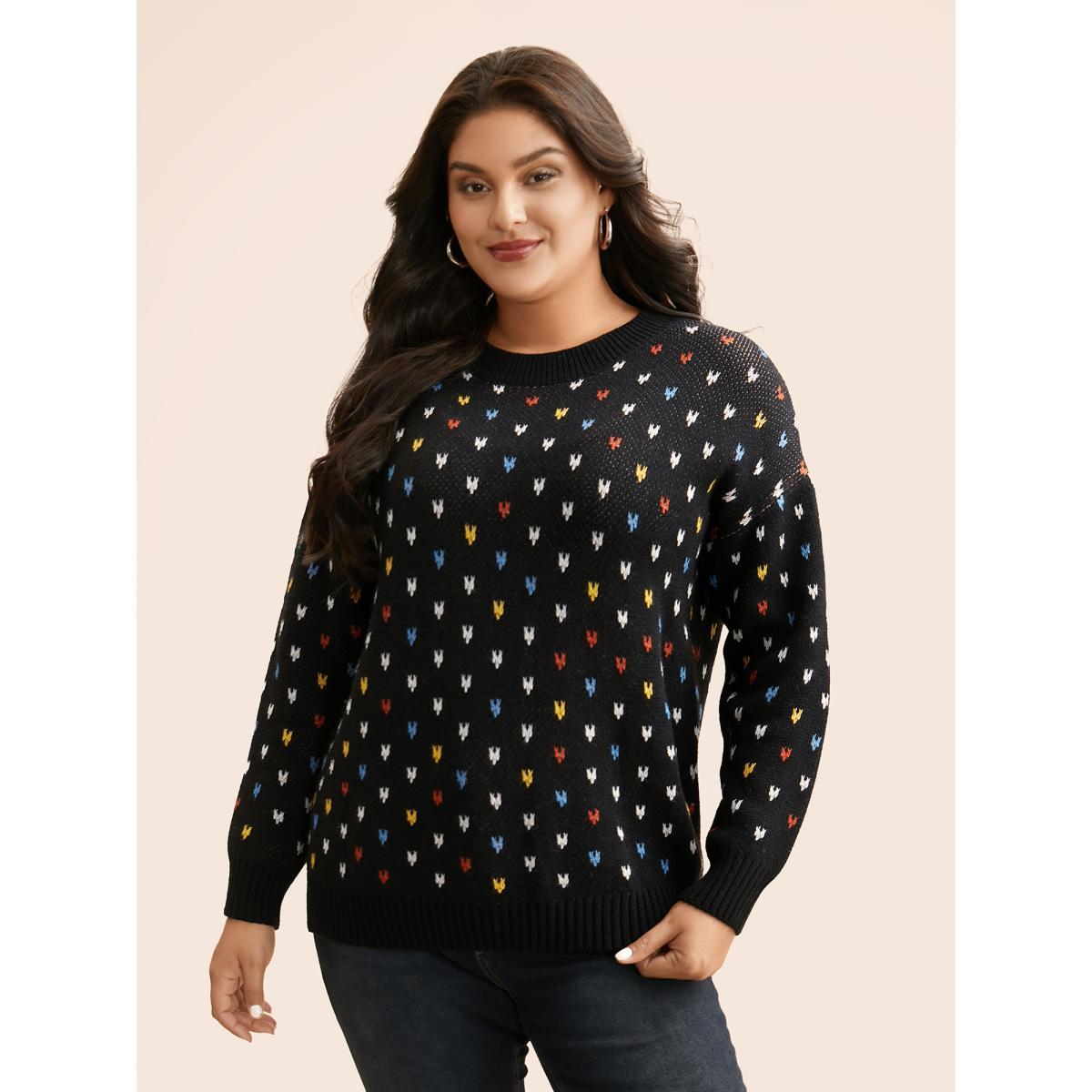 Plus Size Polka Dot Texture Split Hem Pullover Black Women Casual Long Sleeve Round Neck Everyday Pullovers BloomChic 12/L Product Image