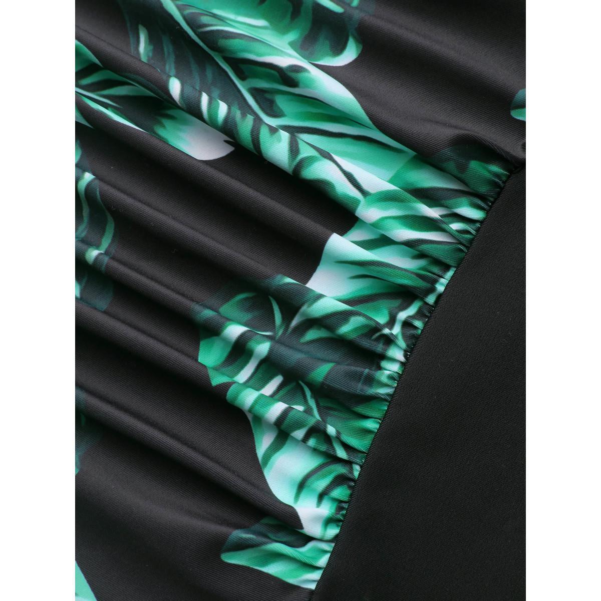 Plus Size Tropical Pattern Tied One-Piece Swimsuit Women's Swimwear Black Beach Gathered Curve Bathing Suits High stretch One Pieces BloomChic 30/6X Product Image