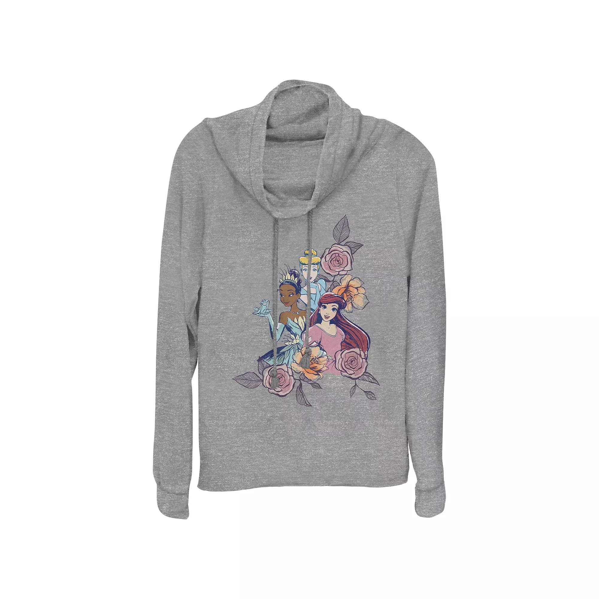 Disney Princesses Cinderella, Tiana & Ariel Floral Motif Women's Cowlneck Graphic Lightweight Long Sleeve, Girl's, Size: Medium, Gray Grey Product Image