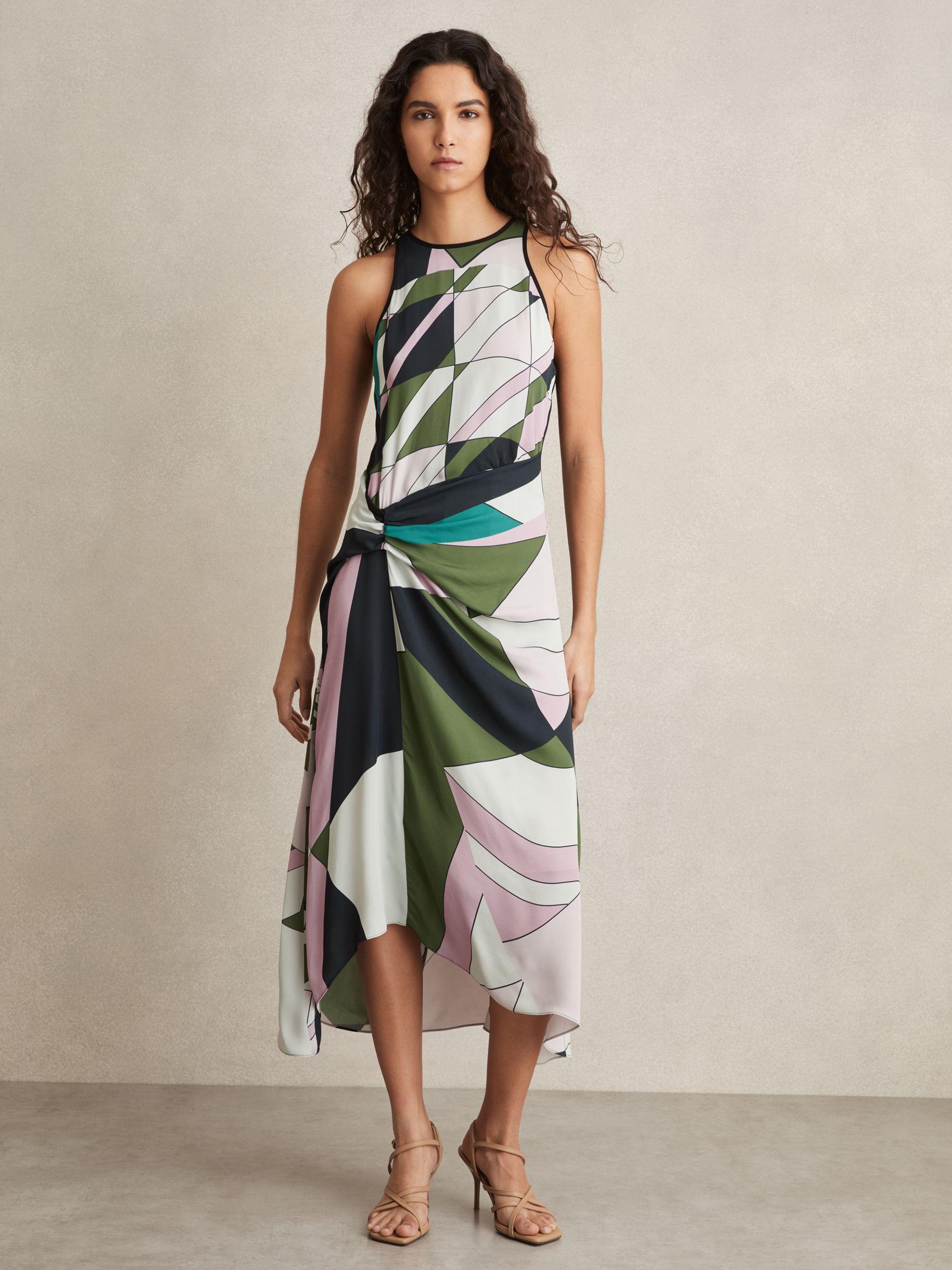 Geometric-Print Gathered Midi Dress in Green Product Image