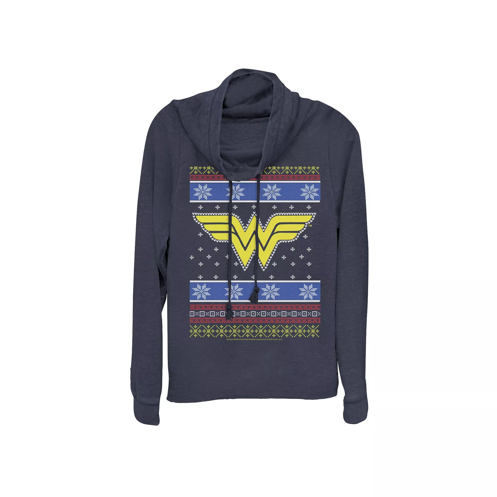 Juniors' DC Comics Wonder Woman Christmas Cowlneck Graphic Lightweight Long Sleeve, Girl's, Size: Small, Blue Product Image