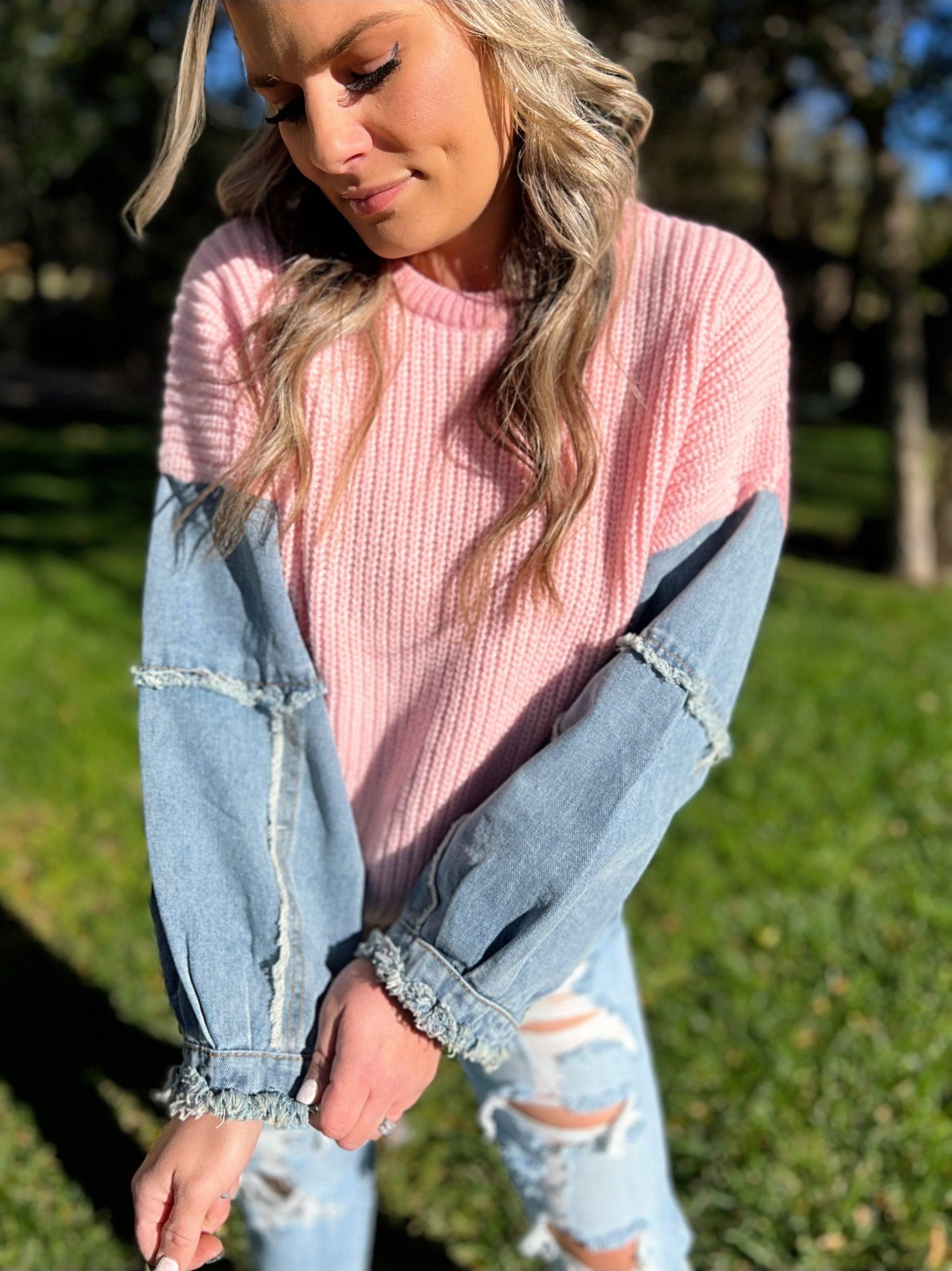 Frayed Denim Sleeve Sweater Top - 4 Color Options* Product Image