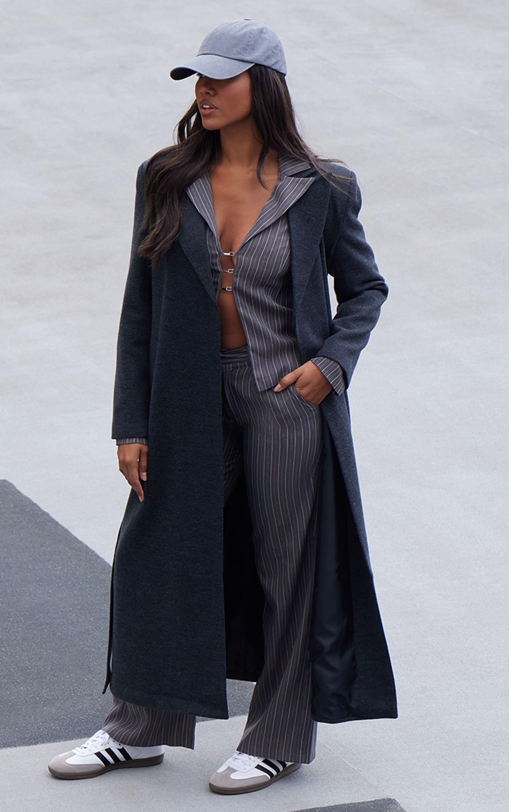 Black Herringbone Self Tie Maxi Coat Product Image