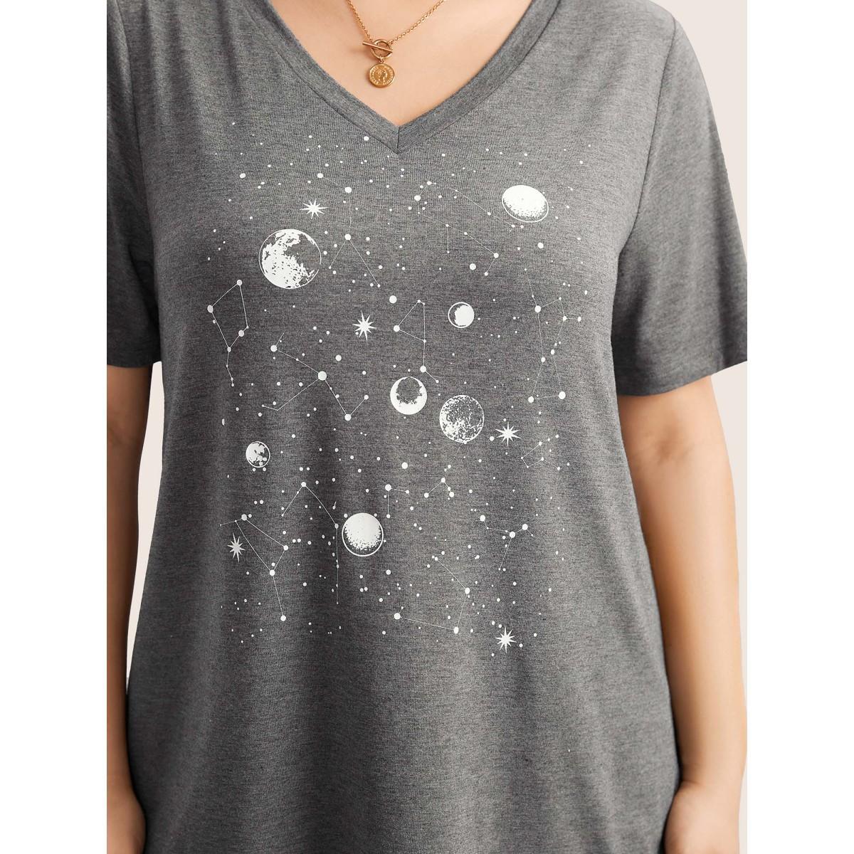 Plus Size Moon and Star Print V Neck T-shirt DimGray Women Casual Non Star and moon V-neck Everyday T-shirts BloomChic 10/M Product Image