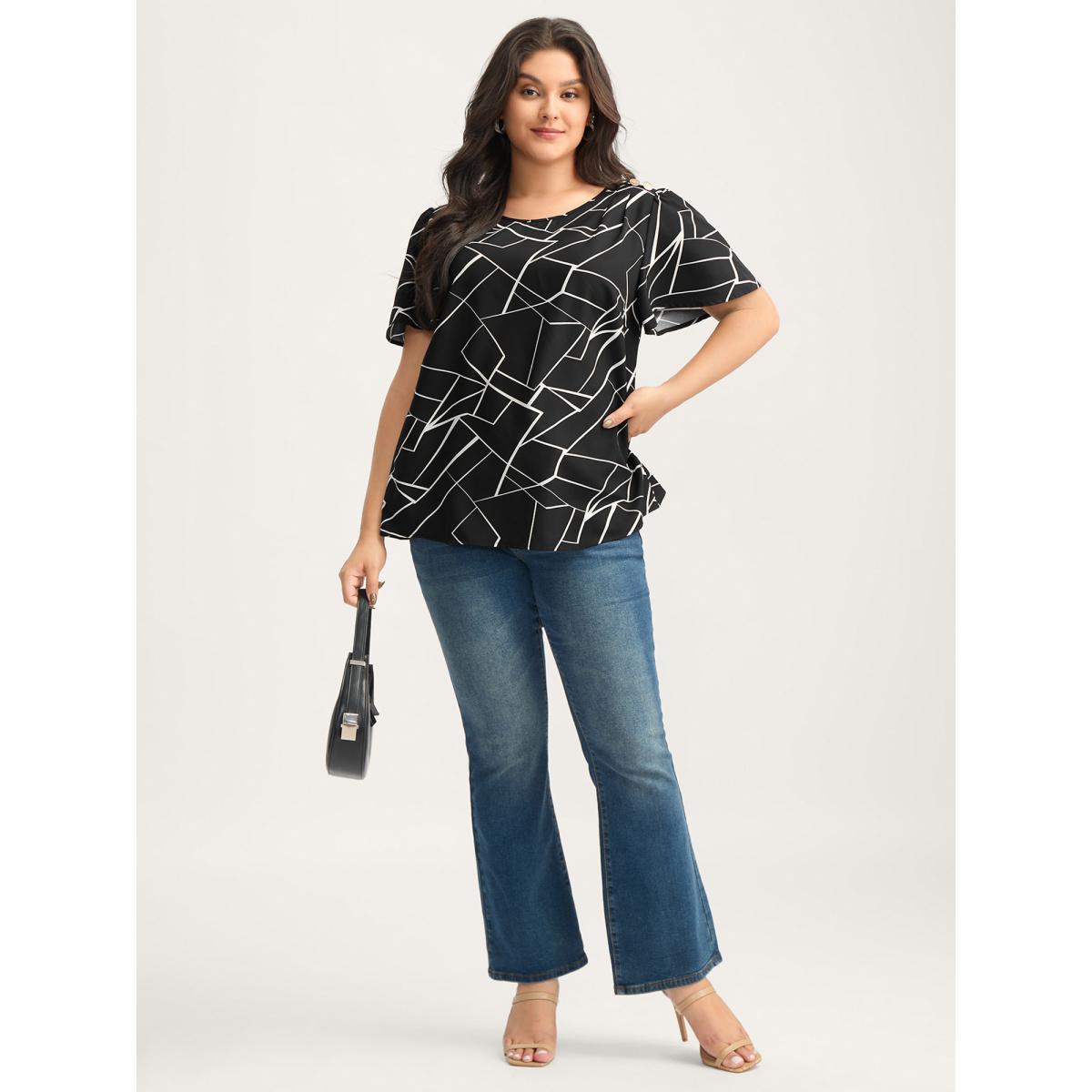 Plus Size Black Abstract Detail Button Detail Blouse Women Short sleeve Round Neck Work Blouses BloomChic 30/6X Product Image