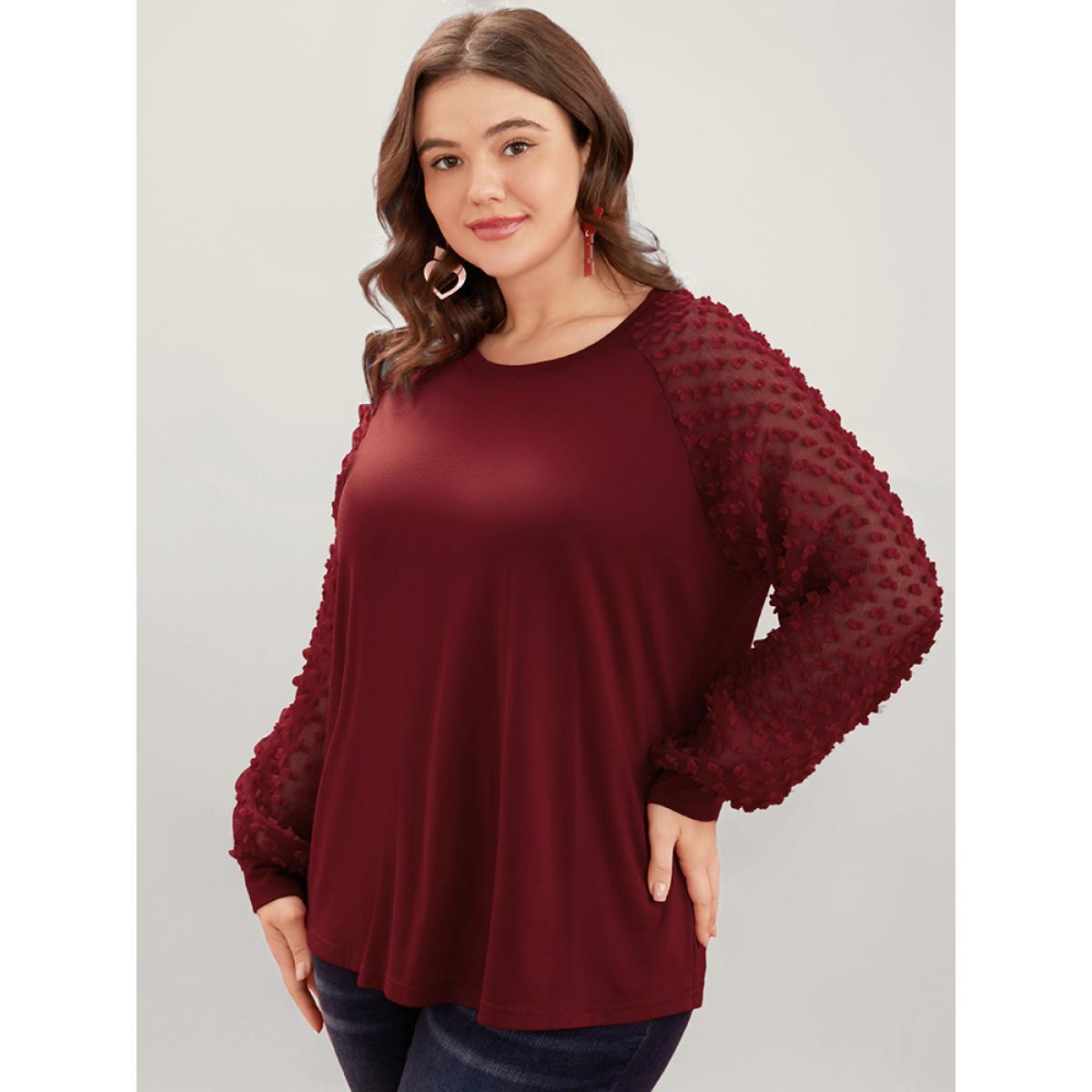 Plus Size Solid Mesh Patchwork Embroidered Round Neck Long Tee Scarlet Women Elegant See through Plain Round Neck Dailywear T-shirts BloomChic 12/L Product Image