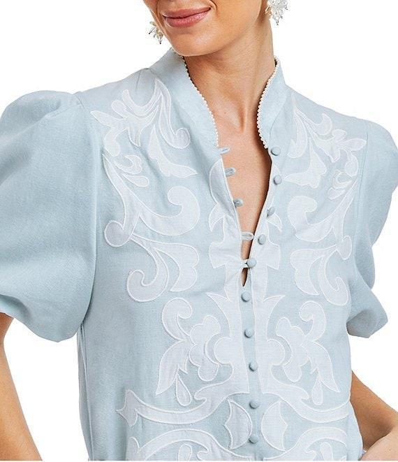Mestiza New York Linen Blend Elliana Mandarin Collar Puff Sleeve Embroidered Applique Button Front Midi Dress Product Image