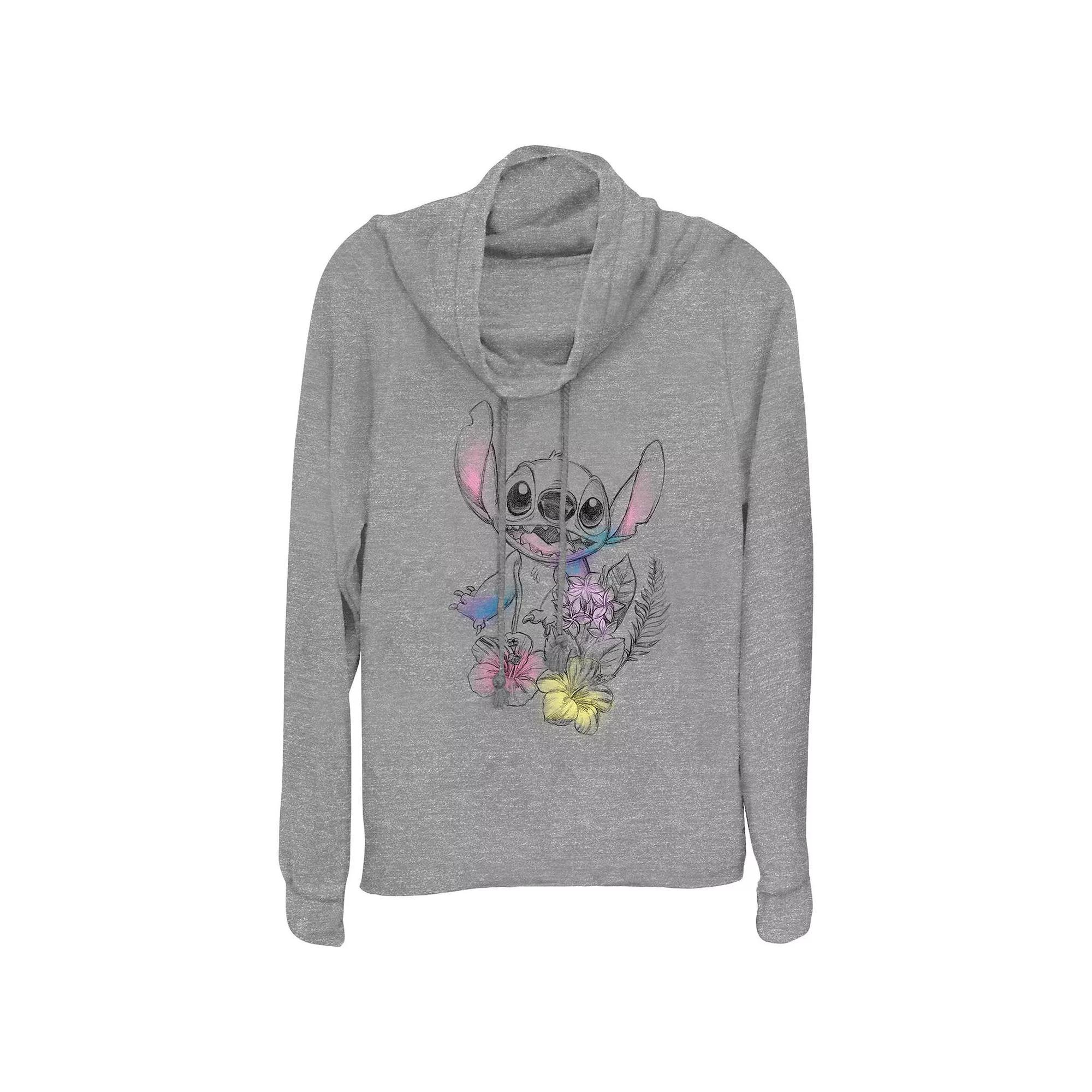 Disney's Lilo & Stitch Floral Sketch Women's Cowlneck Graphic Lightweight Long Sleeve, Size: Small, Gray Grey Product Image