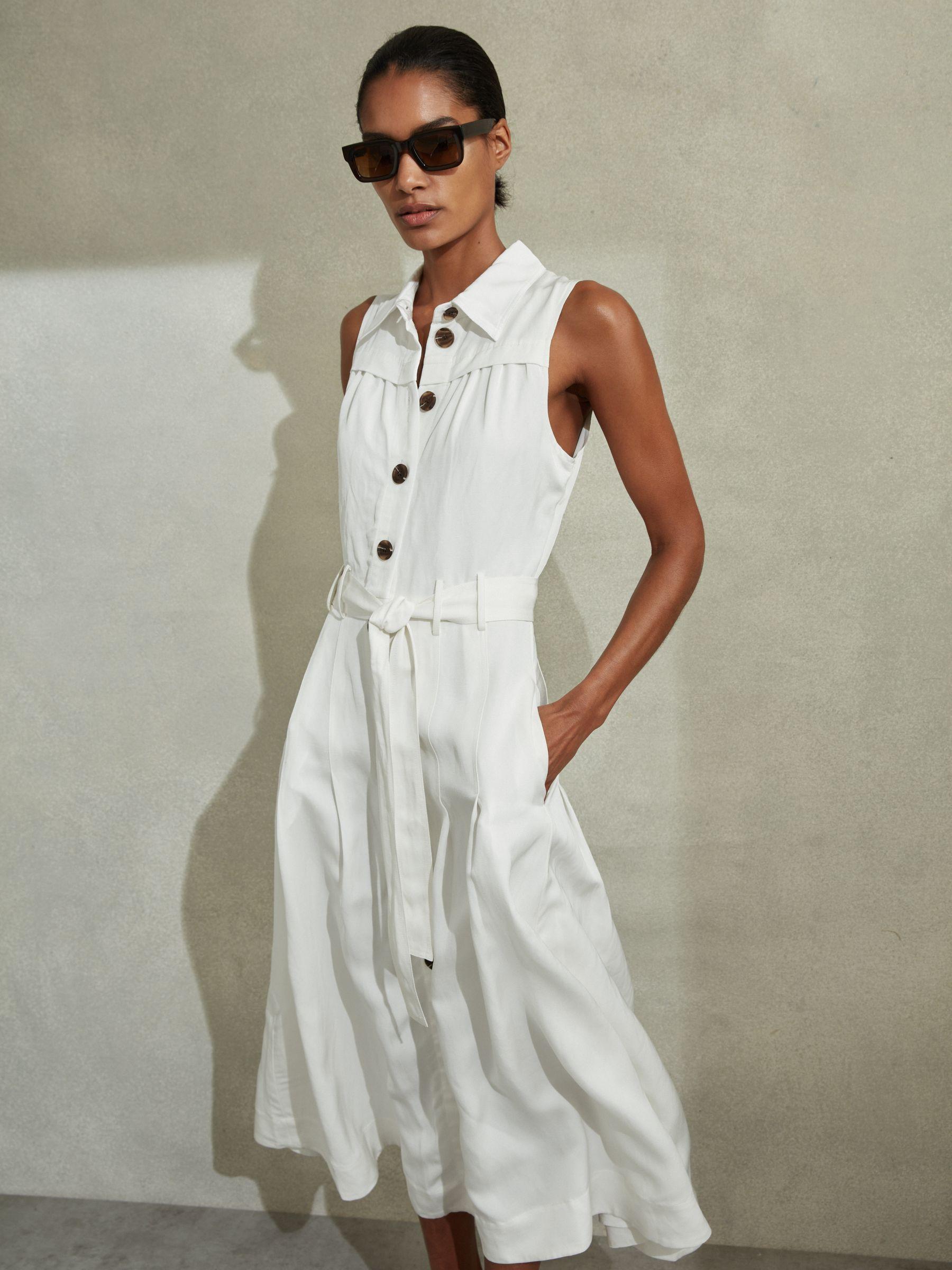 Viscose-Linen Belted Midi Dress in White Product Image
