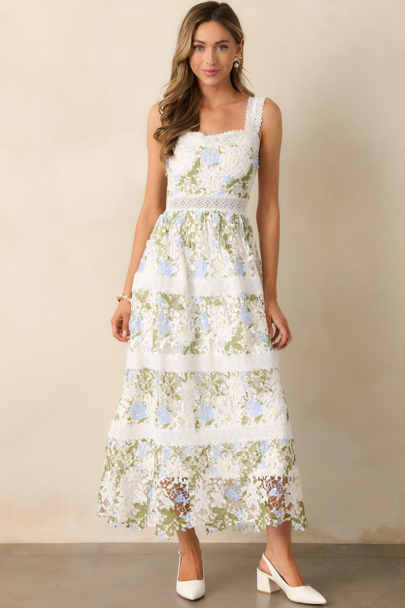 Spring Romance Ivory Floral Embroidered Maxi Dress Product Image