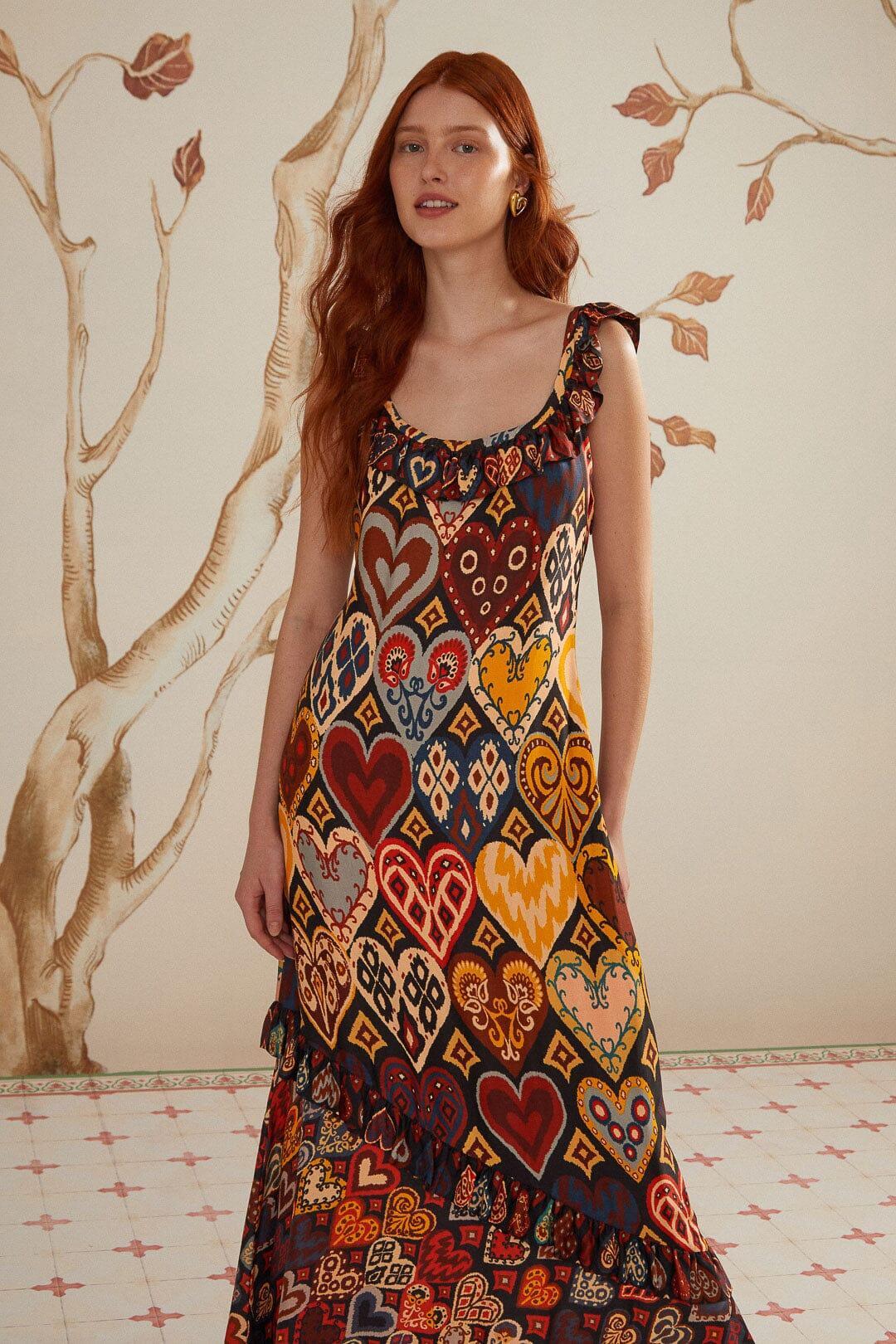 Black Hearts Ikat LENZING ECOVERO Viscose Maxi Dress, HEARTS IKAT BLACK / XXS Product Image