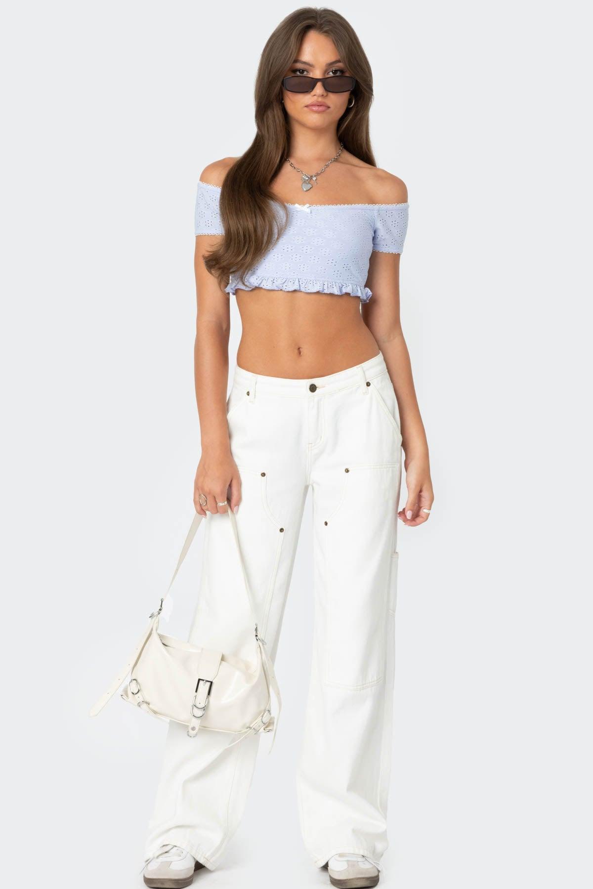 Off Shoulder Eyelet Crop Top Product Image