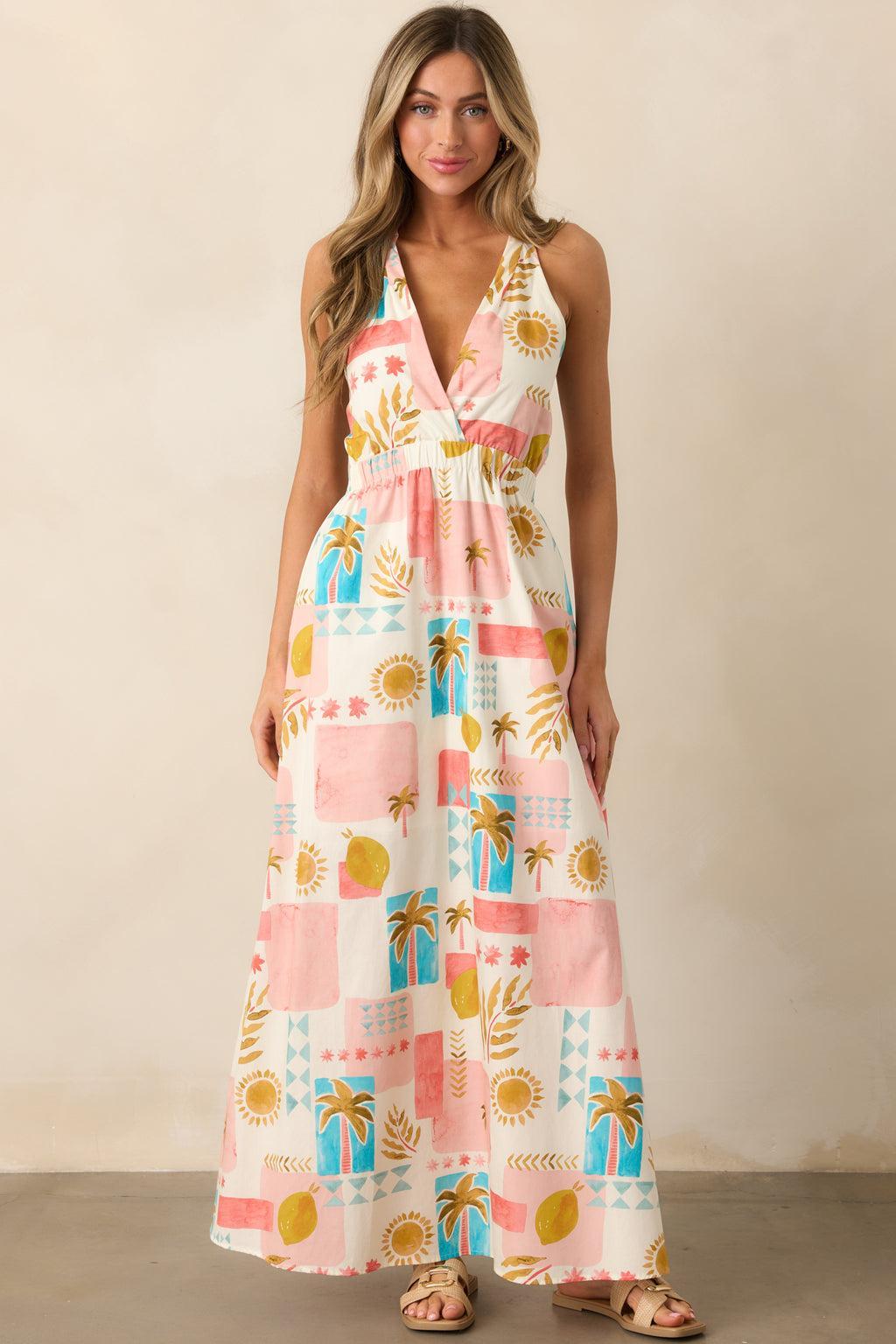 Vibrant Tides Pink Multi Tropical Print Maxi Dress Product Image