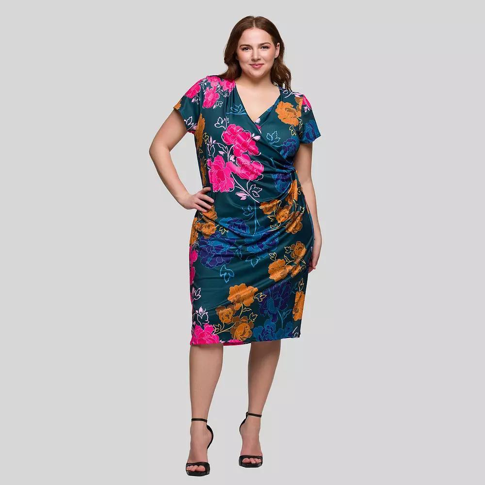 Plus Size 24Seven Comfort Apparel Knee Length Short Sleeve Faux Wrap Dress, Women's, Size: 3XL, Green Team Product Image