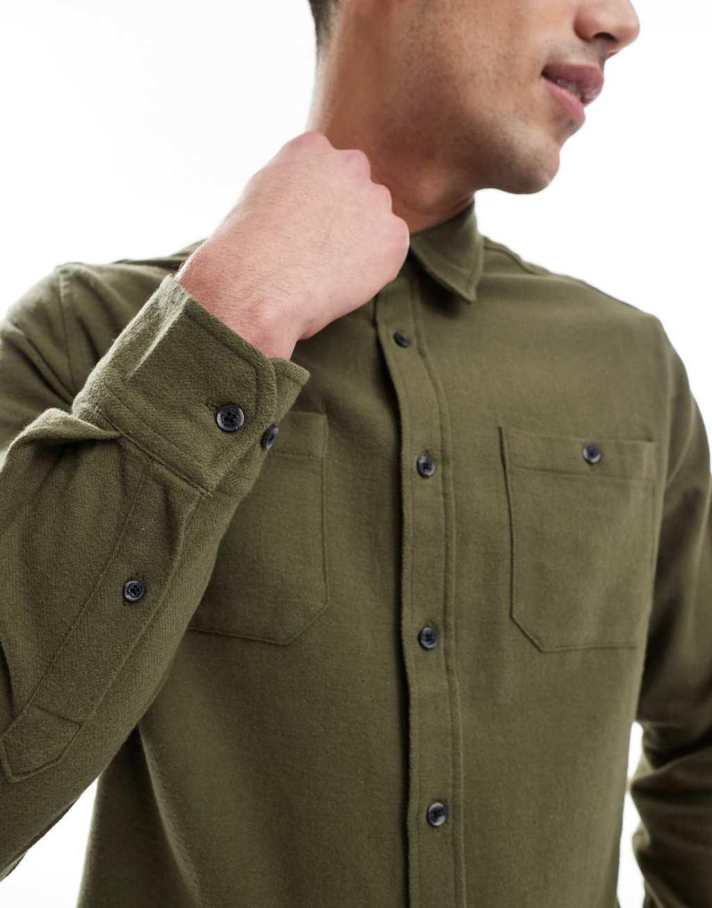 Threadbare brushed flannel overshirt in khaki Product Image