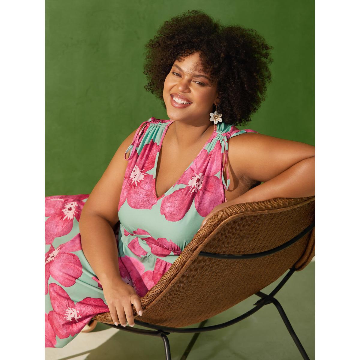 Plus Size Floral Print V-Neck Tied Midi Dress RedViolet Women Romantic Gathered V-neck Sleeveless Curvy BloomChic 18-20/2X Product Image