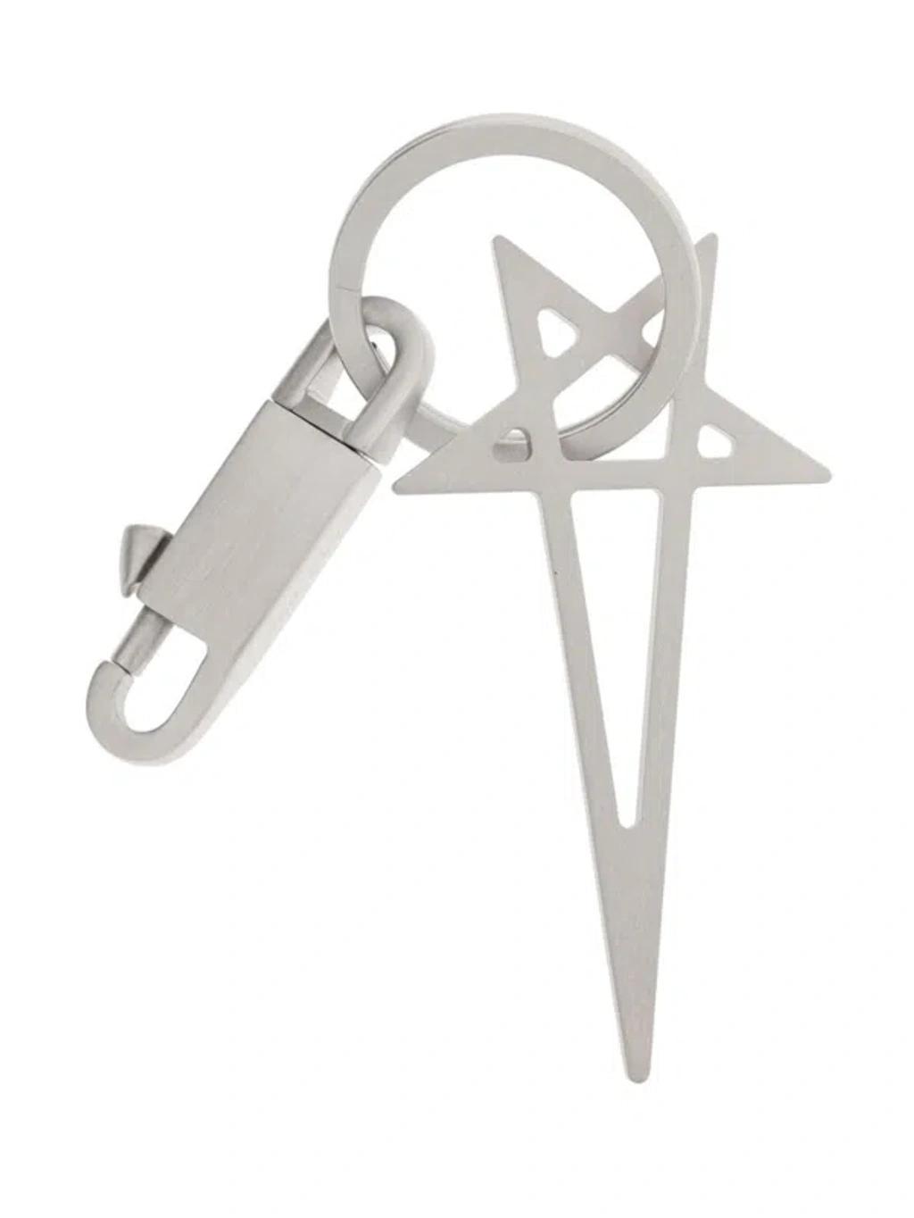 RICK OWENS Pentagram Keyring In Silver Product Image