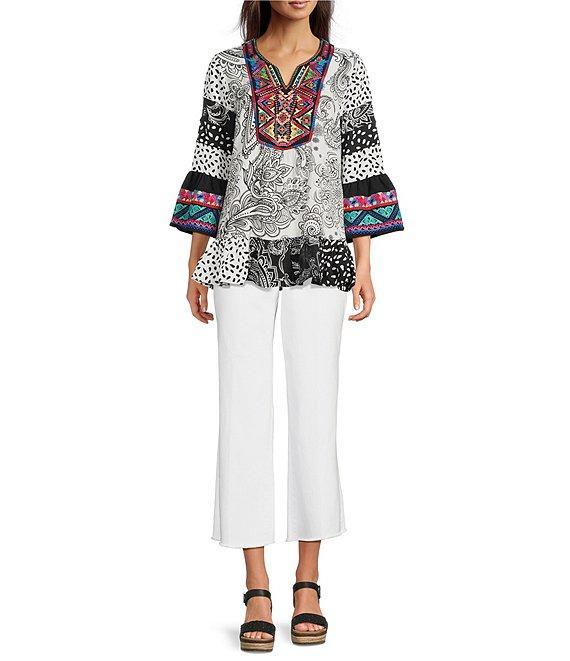 Calessa Embroidered Patchwork Print Split V-Neck 3/4 Sleeve Tunic Product Image