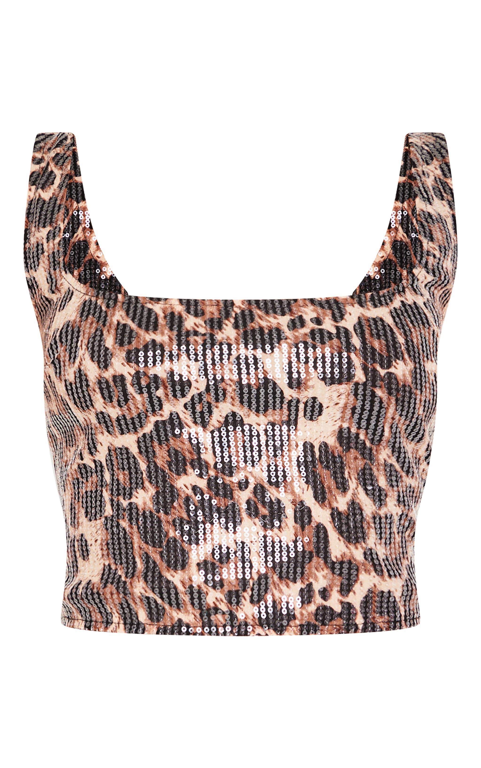 Petite Leopard Print Square Neck Sequin Crop Top Product Image