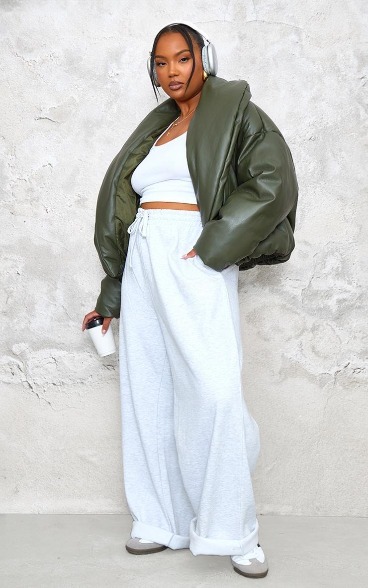 Plus Dark Khaki Exaggerated Collar PU Cropped Puffer Coat Product Image