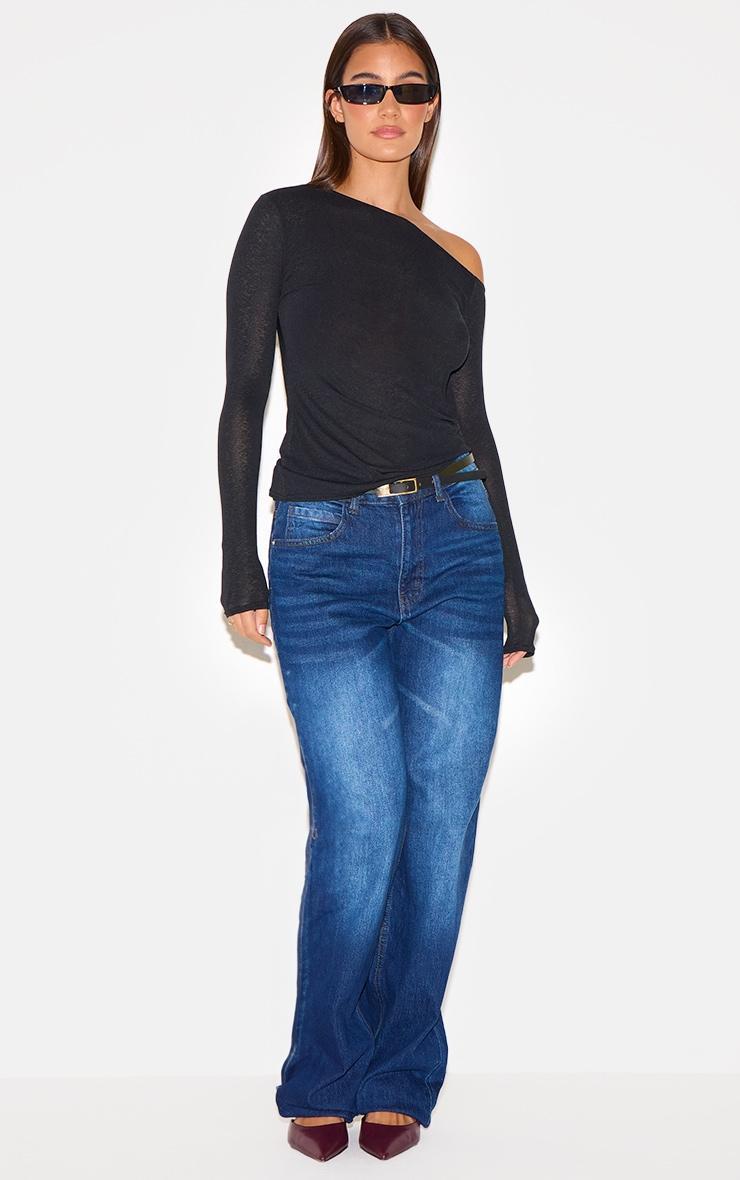  Black Burnout Mesh Asymmetric Shoulder Long Sleeve Top Product Image