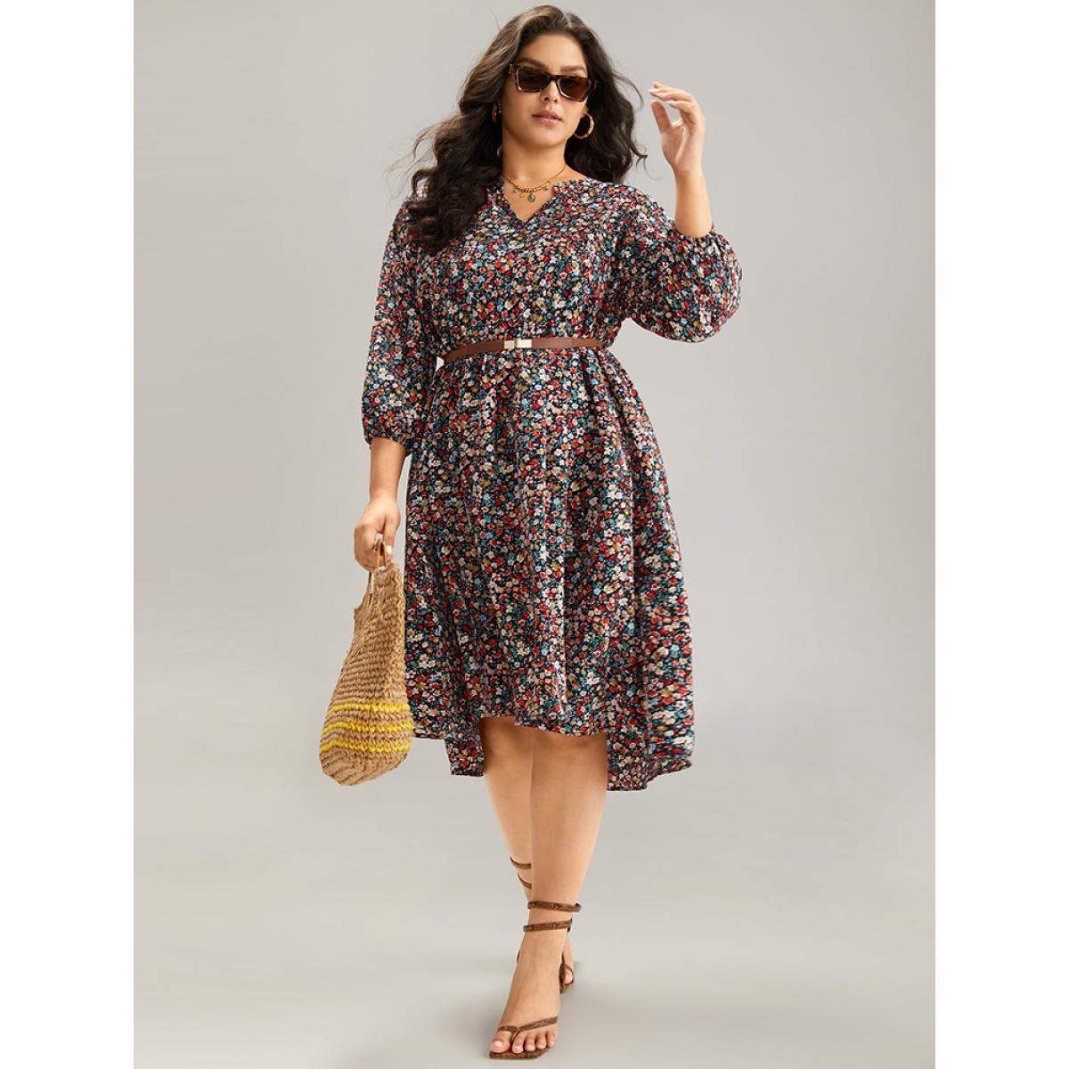 Plus Size Ditsy Floral Pocket Lantern Sleeve Ruffle Hem Dress Multicolor Women Vacation Elastic cuffs Notched collar Elbow-length sleeve Curvy Midi Dress BloomChic 28/5X Product Image