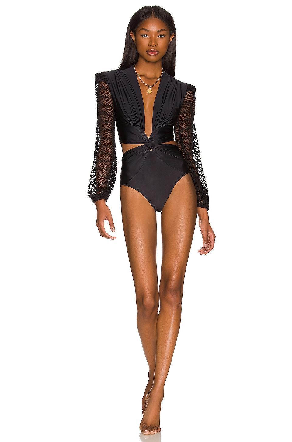 Plunge Netted Sleeve Swimsuit Product Image