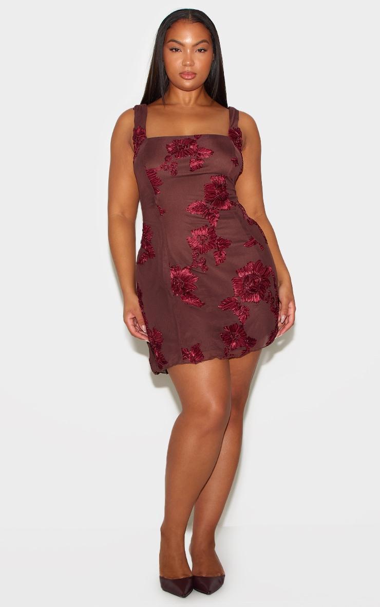 Burgundy Mesh Floral Applique Detail A-Line Dress Product Image