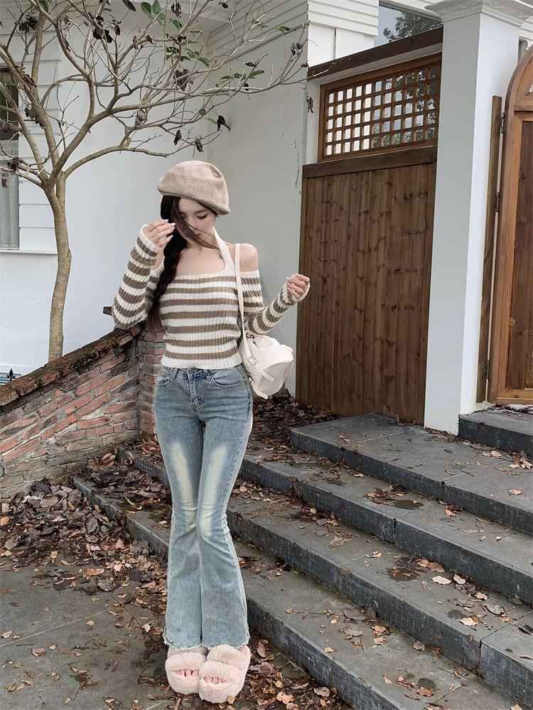 Cold Shoulder Striped Crop Sweater Product Image