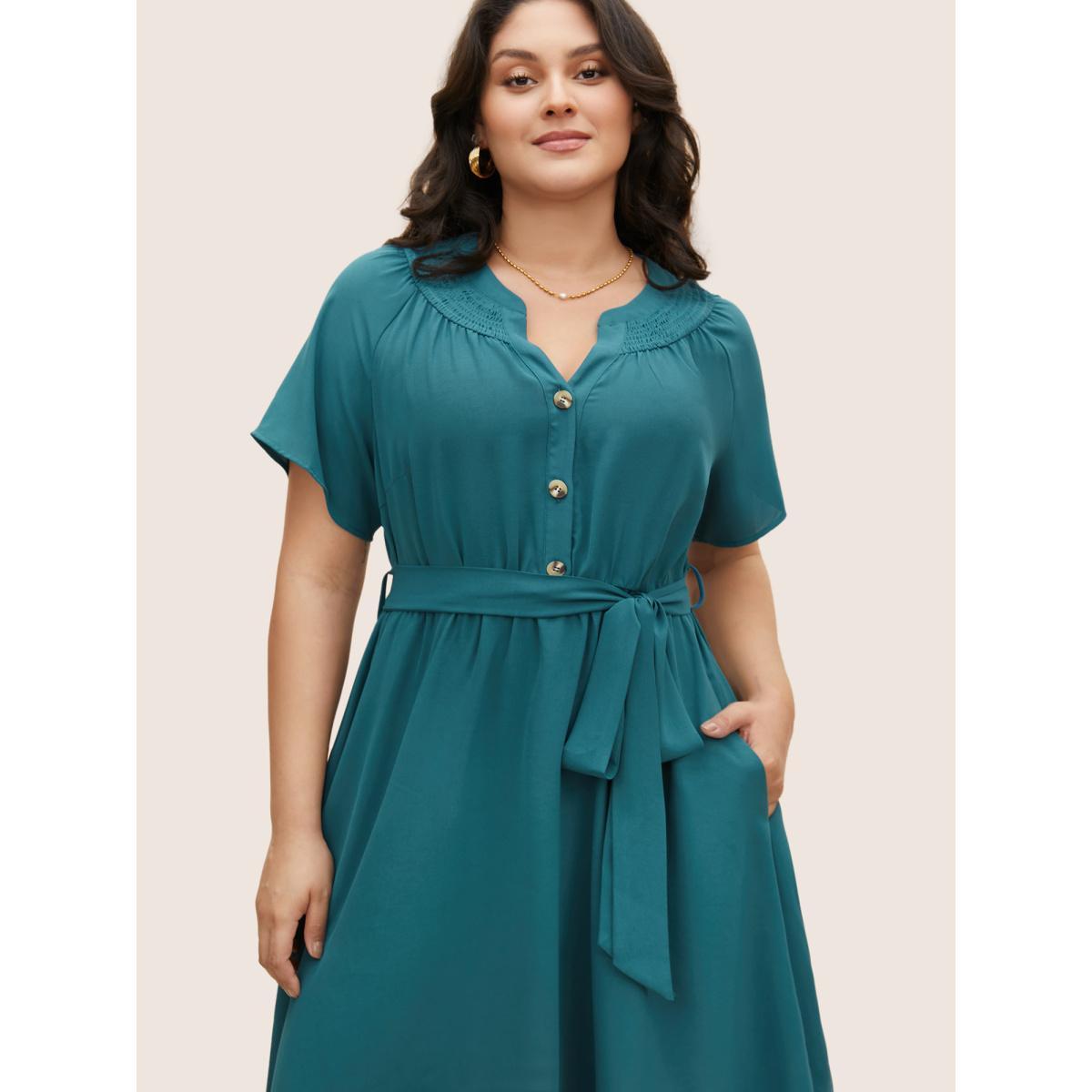 Plus Size Shirred Notched Button Up Belted Dress Aegean Women Elegant Gathered Flat collar with V-notch Short sleeve Curvy BloomChic 26/4X Product Image