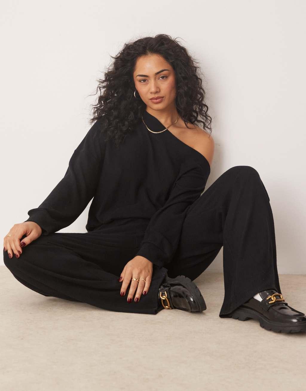 ASOS DESIGN off shoulder jumpsuit super soft in black Product Image