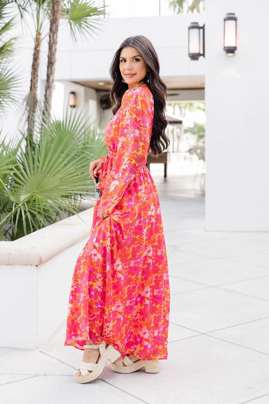 Dance The Night Away Long Sleeve Red Tropical Printed Maxi Dress FINAL SALE Product Image