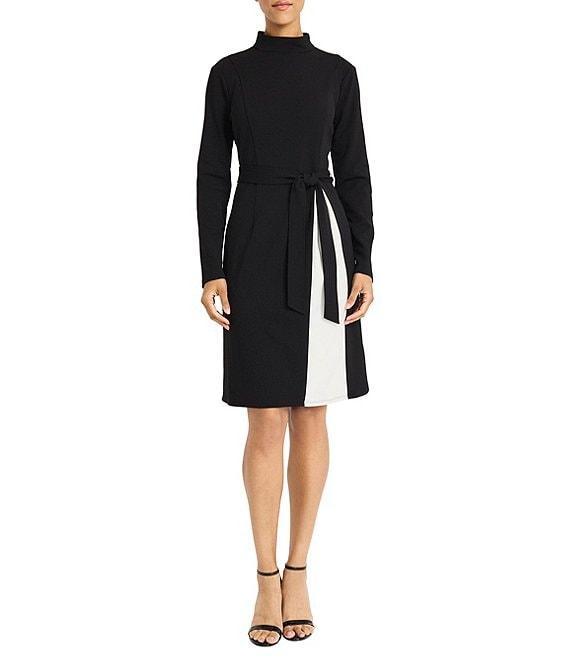 Maggy London Color Block Scuba Crepe Mock Beck Long Sleeve Self-Tie Belt A-Line Midi Dress Product Image