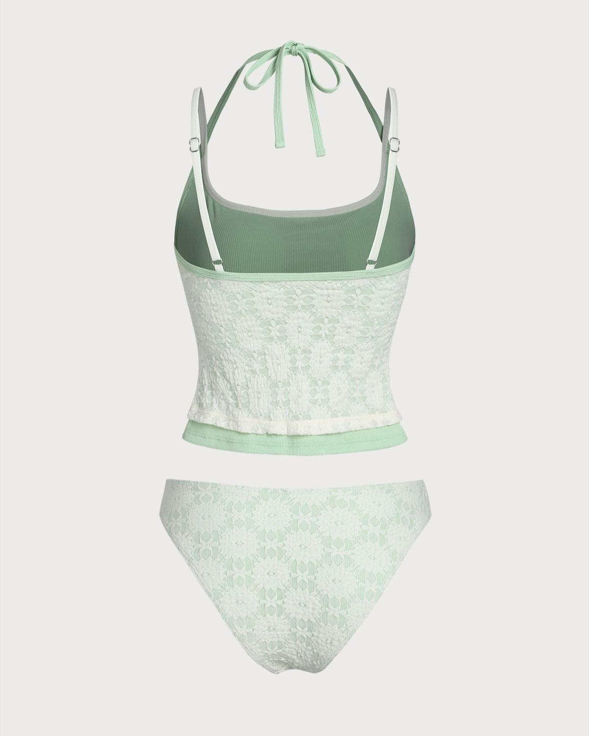 Green Contrast Lace Tankini Swimsuit Product Image