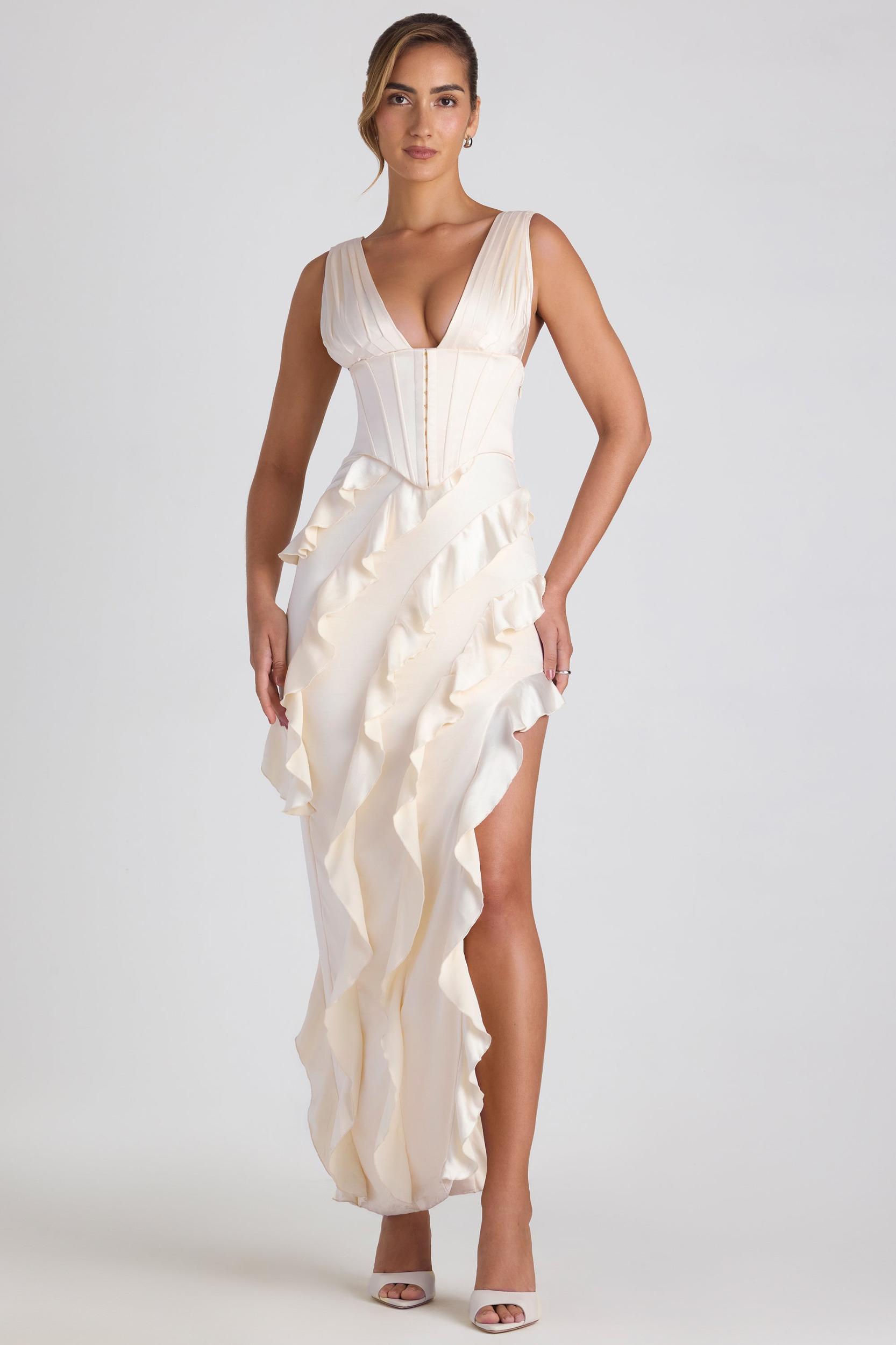 Ruffle-Trim Corset Maxi Dress in Ivory Product Image