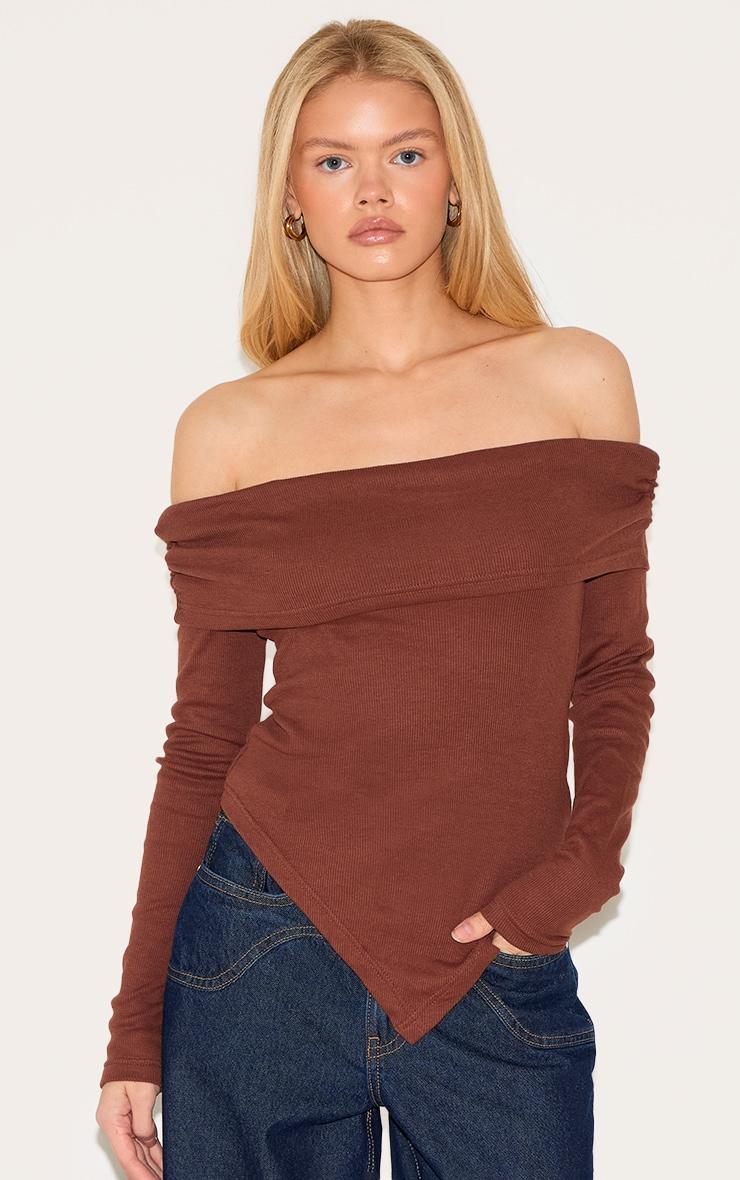Chocolate Fold Over Bardot Dipped Hem Long Top Product Image