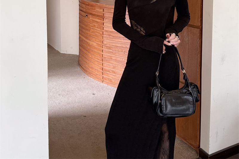 Long-Sleeve Halter Neck Off-Shoulder Plain Asymmetrical Lace Panel Maxi Sheath Dress Product Image