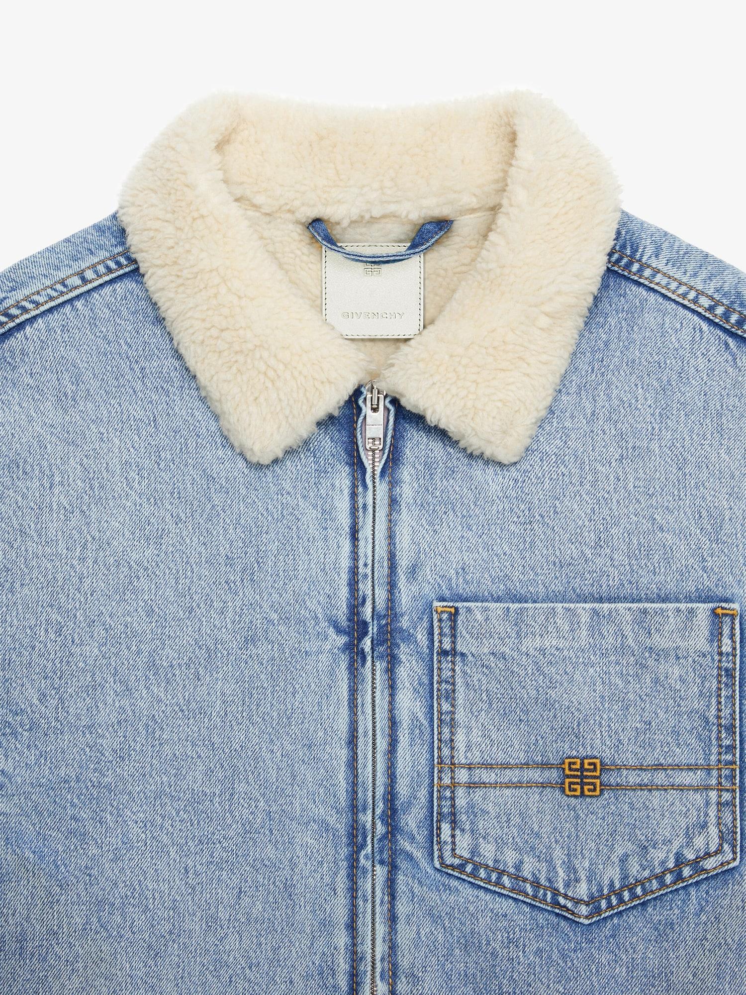 Cropped jacket in denim and shearling-effect collar Product Image