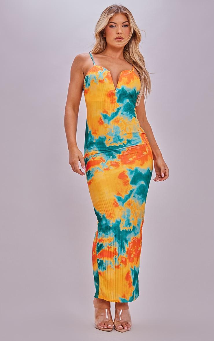 Blue Abstract Plisse Wired Plunge Ruched Bum Maxi Dress Product Image