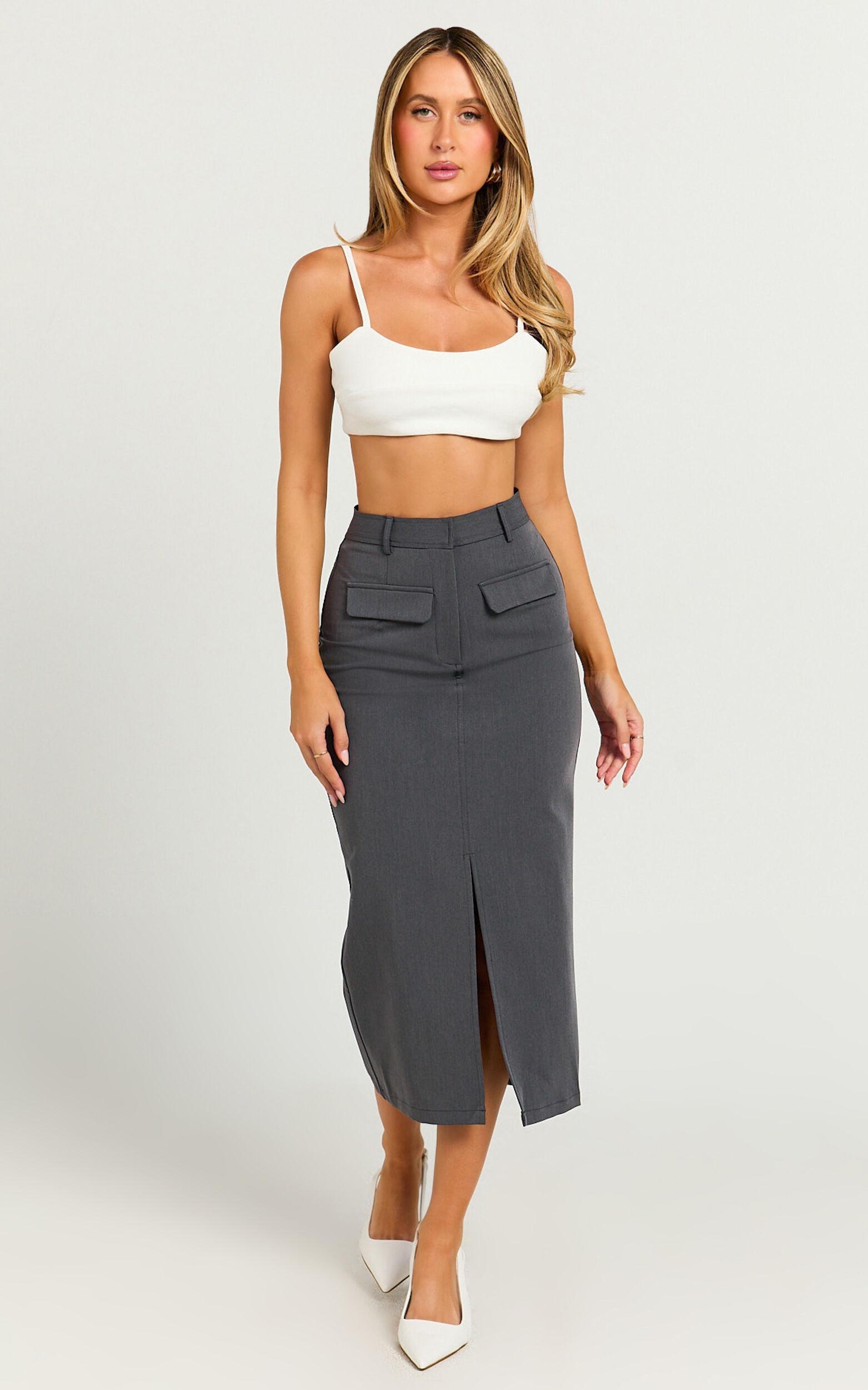 Brylee Midi Skirt - High Waisted Front Split Skirt in Charcoal Product Image