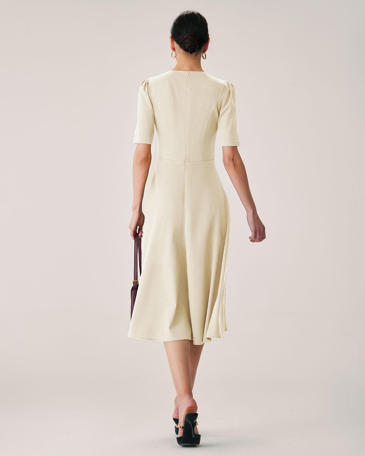 Beige Puffed Sleeve Button Midi Dress Product Image