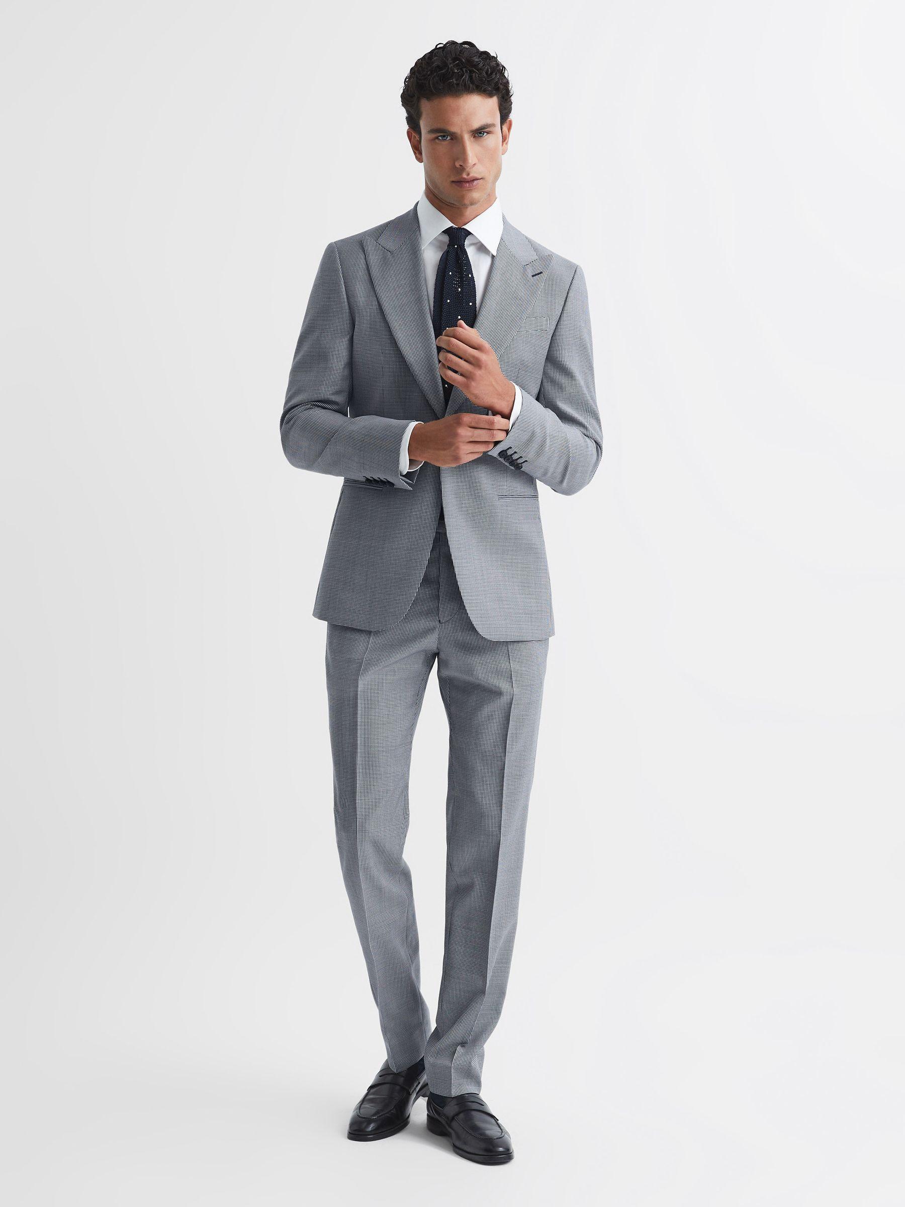 Wool Slim Fit  Micro Puppytooth Formal Trousers in Navy/White Product Image