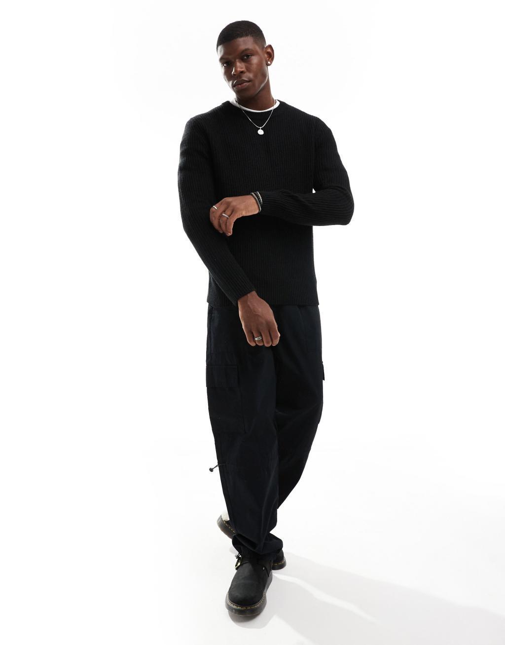 JJ Rebel ribbed crew neck sweater in black  Product Image