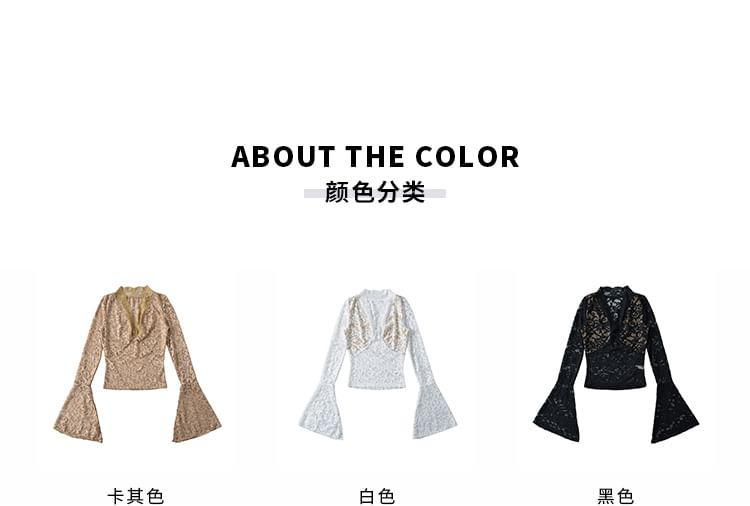 Bell Sleeve V-Neck Plain Lace Top Product Image