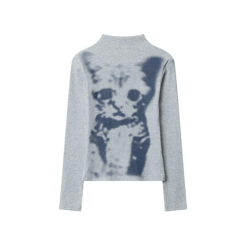 Long Sleeve Cat Print High Neck Slim Fit Tee Product Image