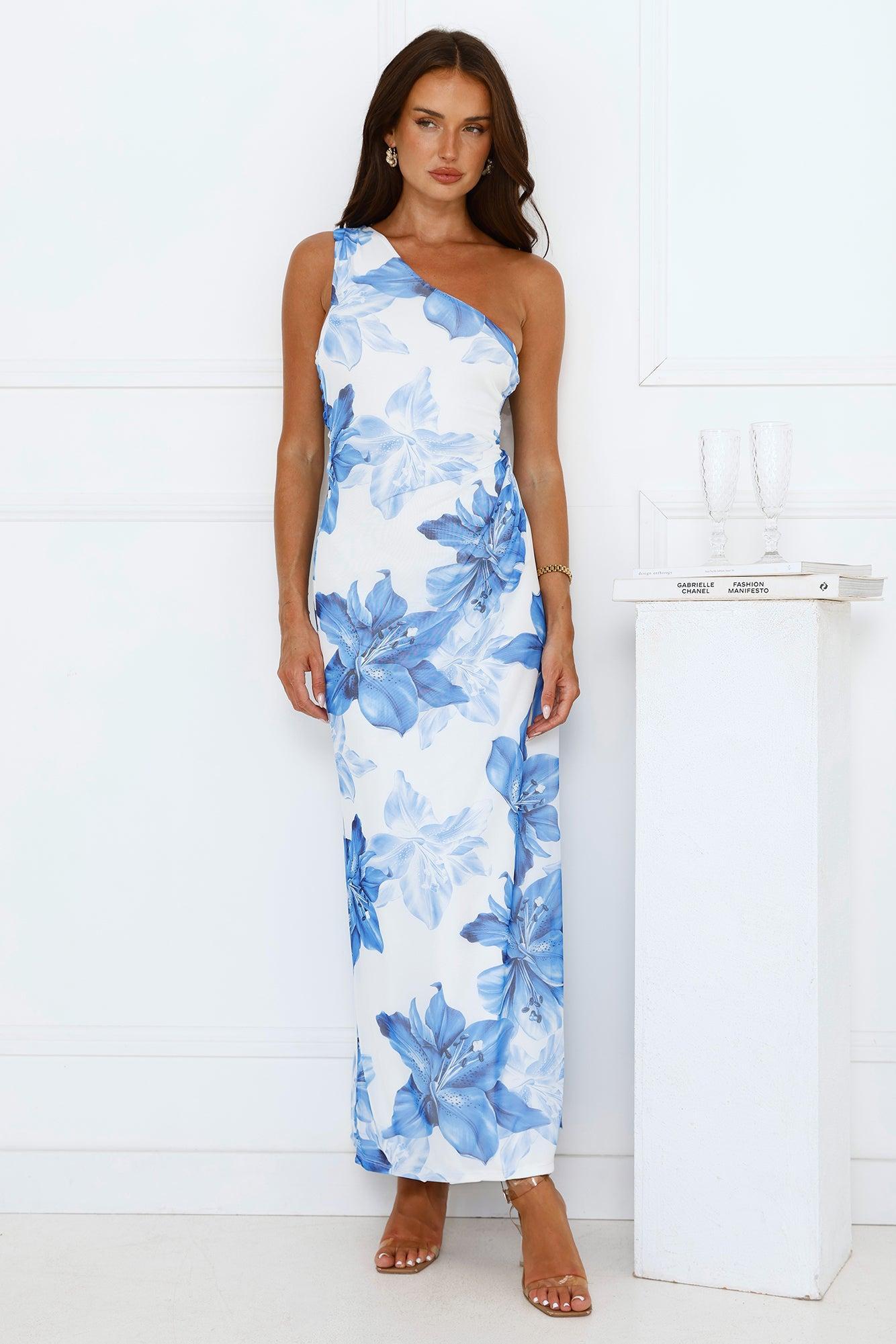Blueberry Breeze One Shoulder Mesh Maxi Dress Blue Product Image