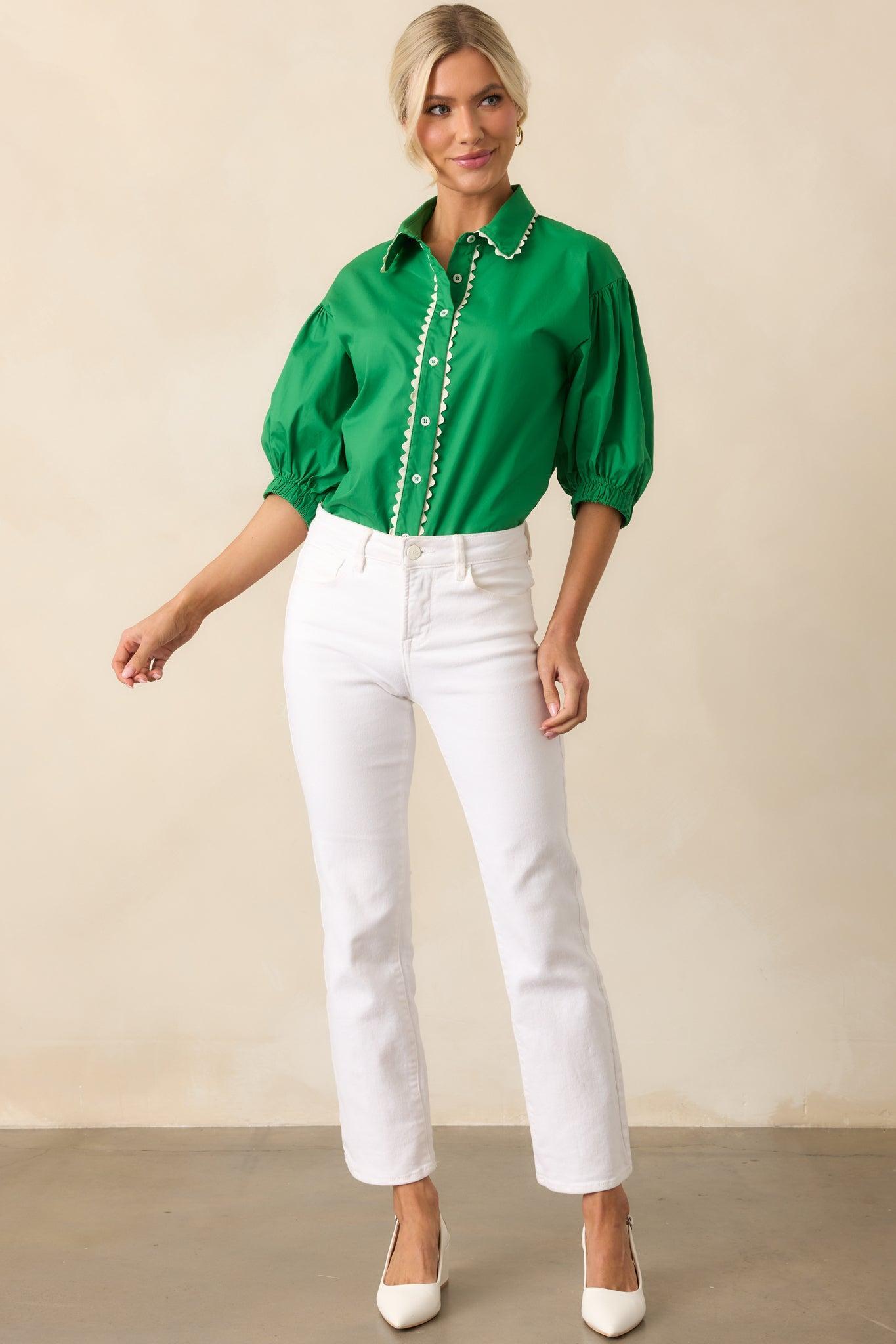 A Twist On Classic Green Cotton Button Front Top Product Image
