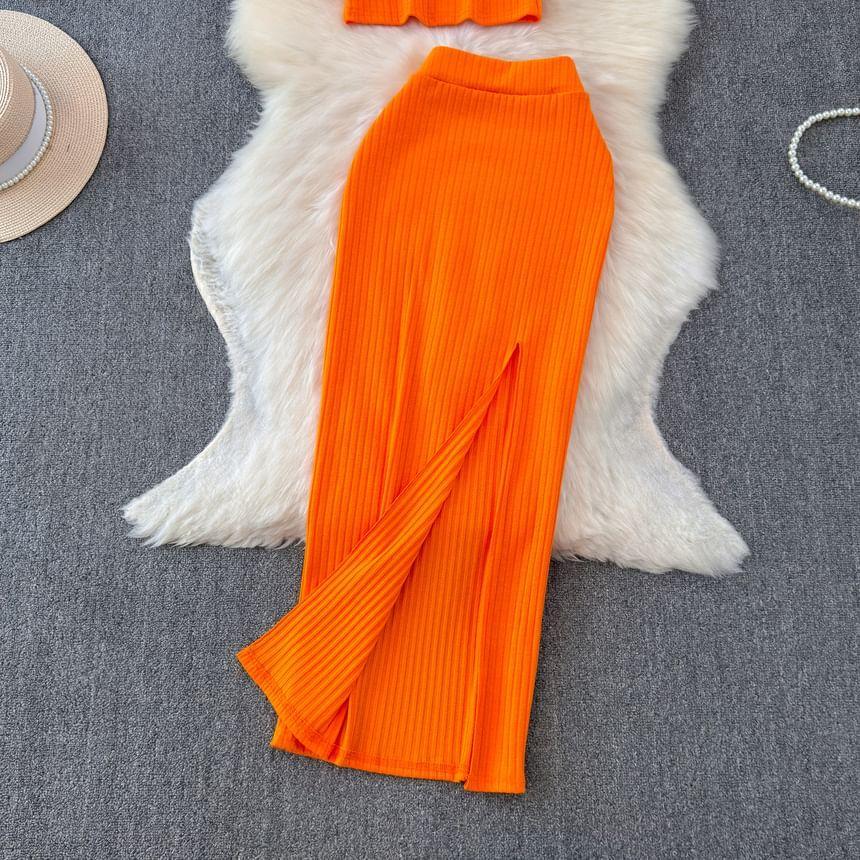 Set: Round Neck Plain Ribbed Cropped Tank Top + High Waist Slit Maxi Skirt Product Image