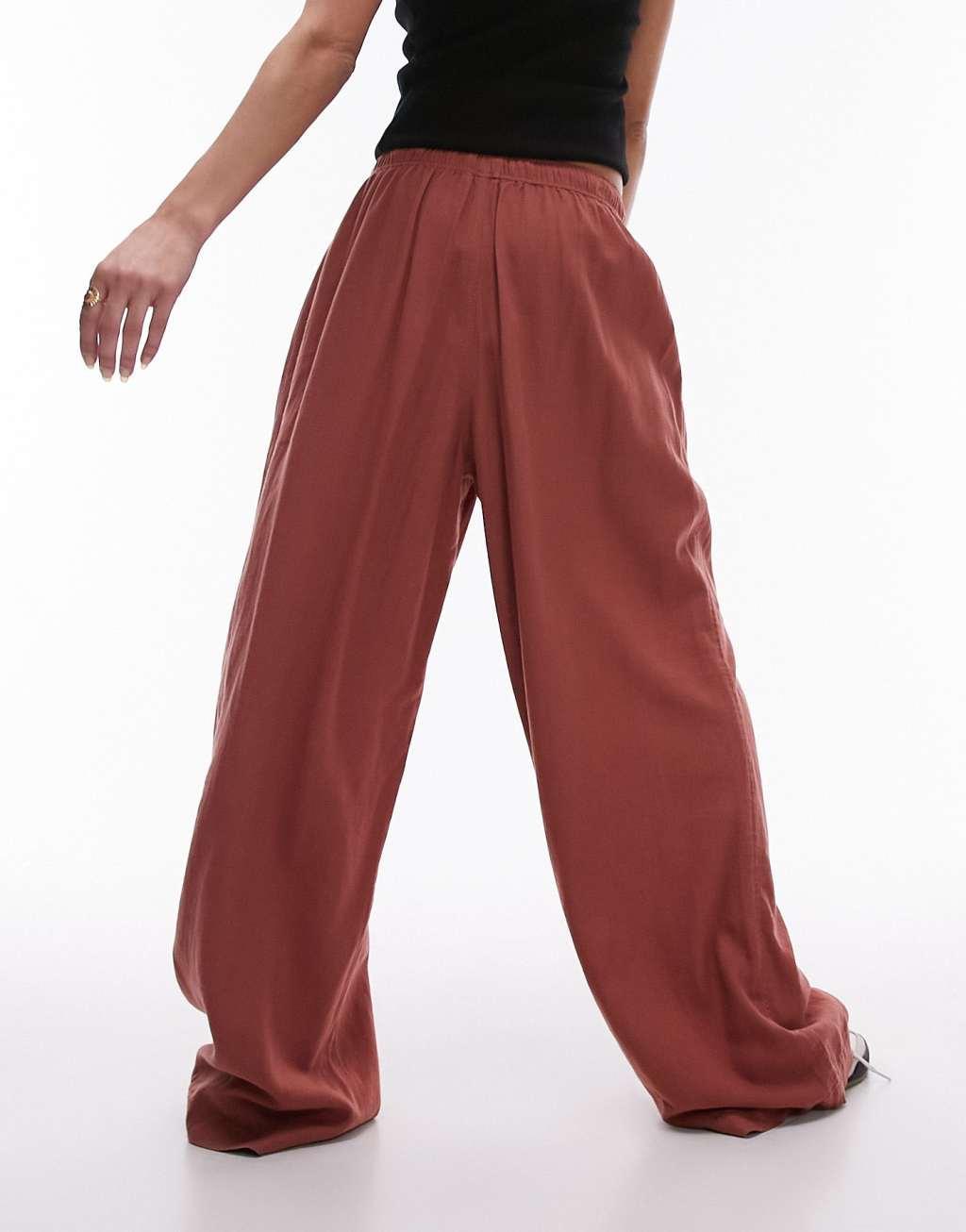 Topshop linen wide leg pants in burnt brick Product Image